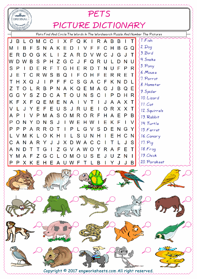  ESL wordsearch worksheets for kids, find Pets words in the word wordsearch write its number on its picture English worksheet. 